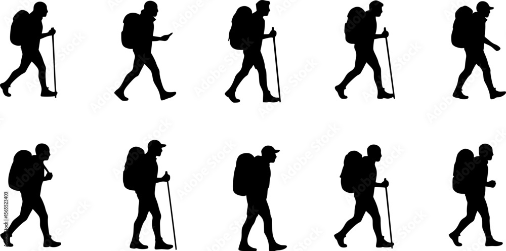 Obraz premium Silhouette Collection: Hikers with Backpacks, Black and White, Outdoor Adventure, Travel 