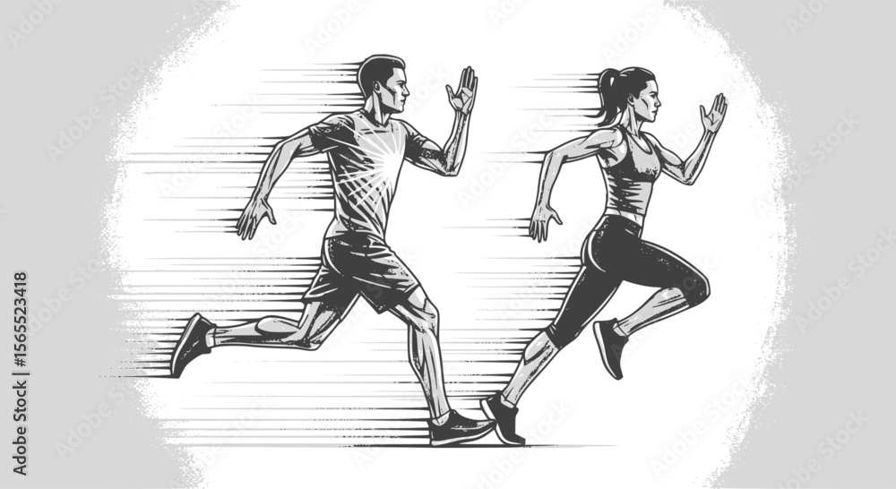 Fototapeta premium Running man and woman, isolated vector silhouettes. Run, side view. Silhouettes of athletic looking male and female runners running. EPS 10 version.