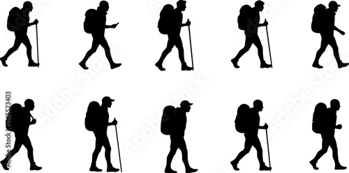 Silhouette Collection: Hikers with Backpacks, Black and White, Outdoor Adventure, Travel

