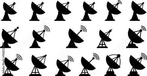 Black Silhouette Satellite Dishes: Vector Illustration Set
