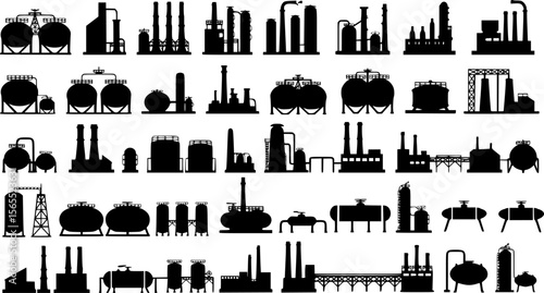 Silhouette Industrial Refinery Plants Vector Illustration
