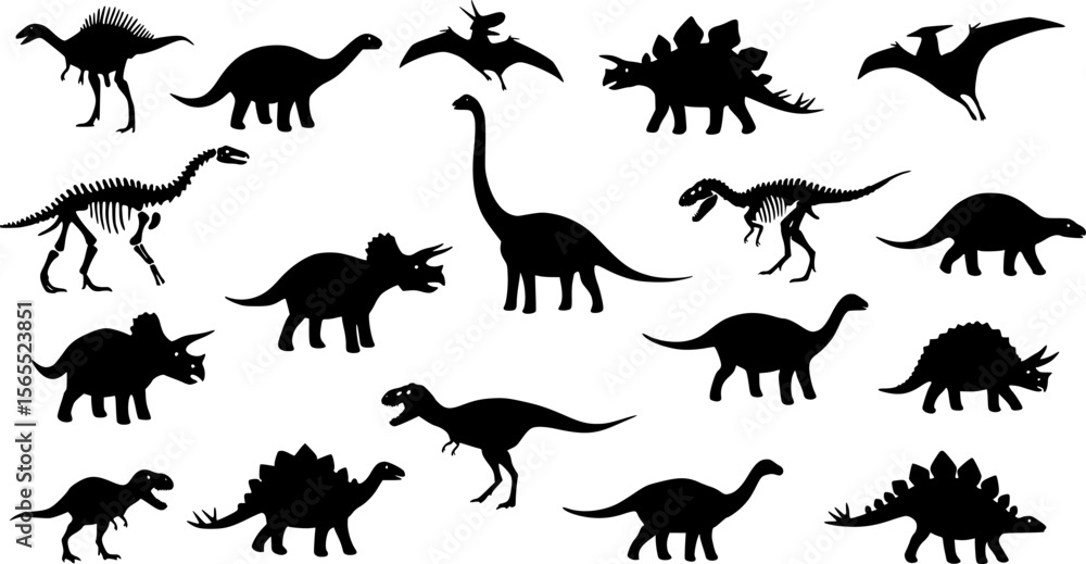Obraz premium Black Silhouette Dinosaur Fossils and Dinosaurs Vector Illustration 