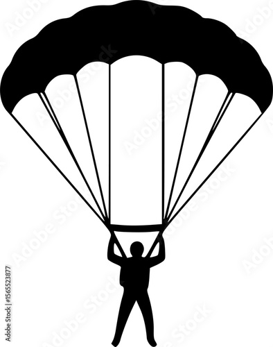 Black and White Parachuting Illustration: Skydiver with Parachute Vector Graphic, Sports, Adventure, Extreme Activity Clip Art
