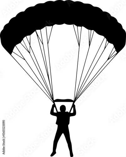 Black and White Parachuting Illustration: Skydiver with Parachute Vector Graphic, Sports, Adventure, Extreme Activity Clip Art
