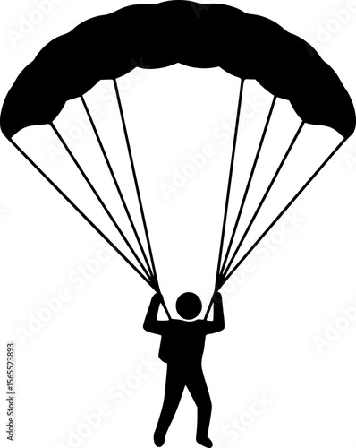 Black and White Parachuting Illustration: Skydiver with Parachute Vector Graphic, Sports, Adventure, Extreme Activity Clip Art
