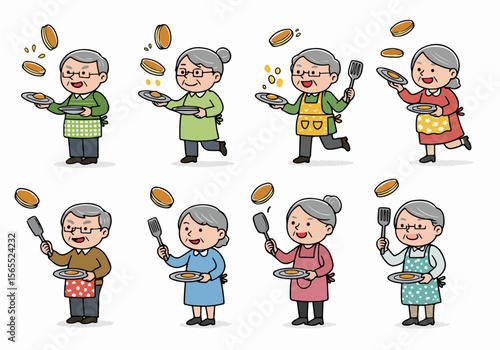 Happy Senior Couples Cooking and Flipping Pancakes with Spatulas, Showing Fun and Leisure Activity at Home
