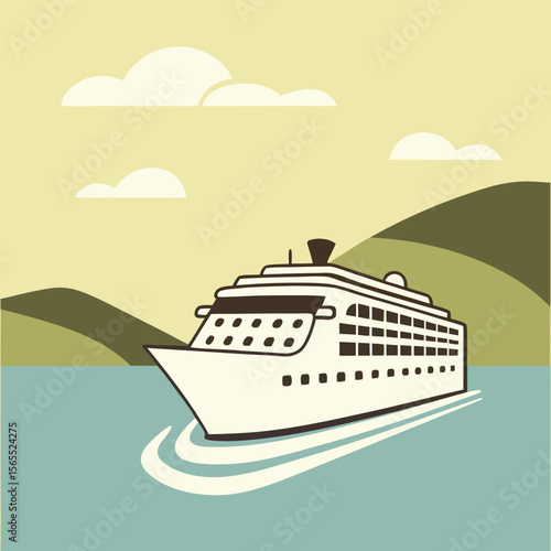 Stylized Cruise Ship on Water with Clouds and Hills