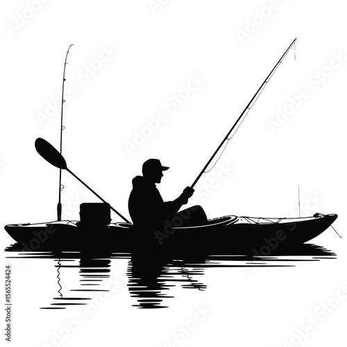 Minimalist silhouette of lone kayak fisherman with fishing rod, paddle, and gear against stark white background vector illustration