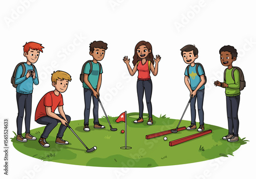 Group of diverse young friends playing a fun game of mini golf outdoors, enjoying leisure time and friendly competition together.