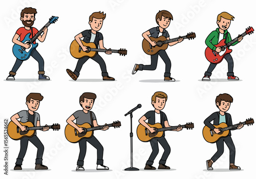 Vector illustration set of young men playing guitars and singing, depicting various music performance styles.