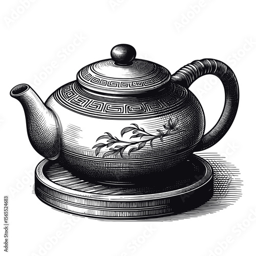 Teapot in illustrative style in black-and-white colors for brewing tea