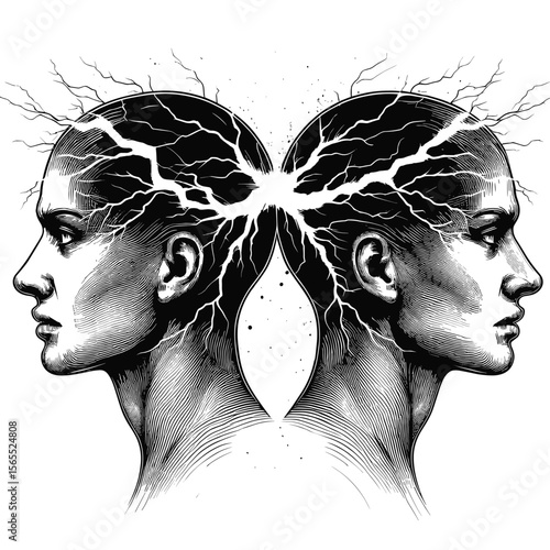 Two people share thoughts against electric background