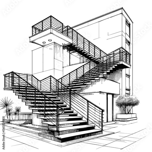 Black and white architectural sketch showing staircase