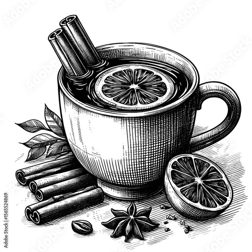 Illustration of tea with cinnamon in black and white depicting comforting drink