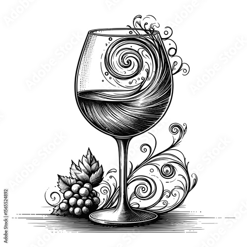 Wine glass with swirls in a monochromatic style, used for wine tasting