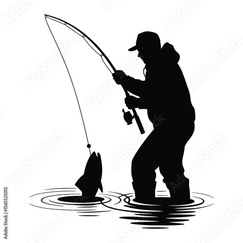 Silhouette of angler pulling fish out of ice hole while ice fishing, isolated black and white vector illustration