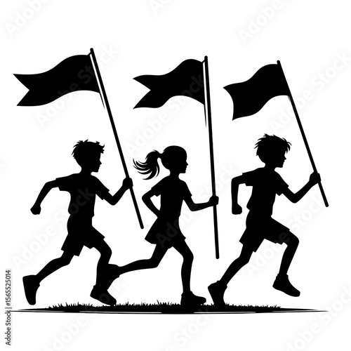 Three kids running with flags on grass