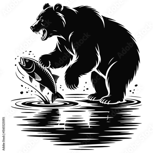 Silhouette of bear catching fish from river in Alaskan wild style, dynamic motion black and white vector illustration on white background