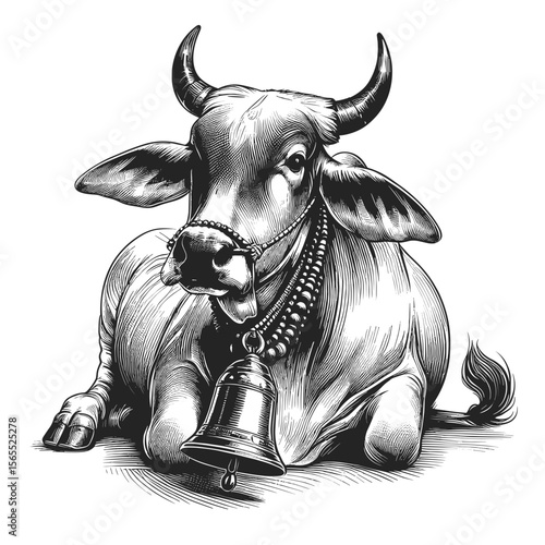Resting cow adorned with bell against transparent background