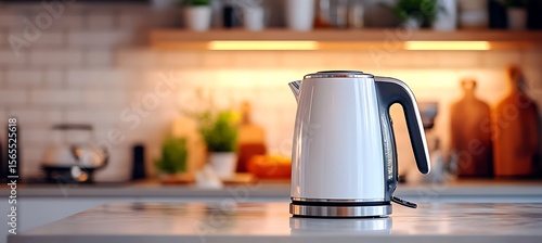A modern electric kettle displayed on the right, blurred kitchen setting