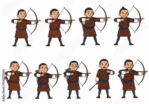 Set of cartoon illustrations featuring Bhutanese men in traditional Gho attire practicing archery with bows and arrows in various poses and expressions.