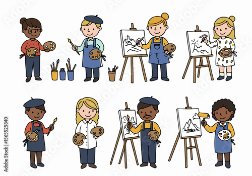 Illustration of a Diverse Group of People of Different Ages and Ethnicities Participating in an Art Class, Painting at Easels, Holding Brushes and Palettes