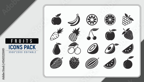 Fruits Icons Pack: A modern collection of sleek fruit icons is displayed in a neat pack, suitable for designs.