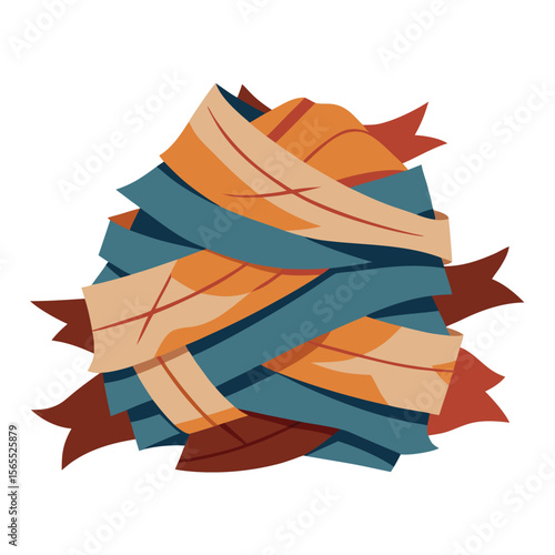 A pile of discarded, torn fabric resembling bandages, conveying a spooky and unsettling mood.