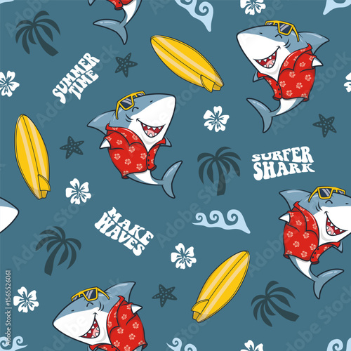 Seamless Pattern Summer Vibes With Shark And Surfboard, Vector Cartoon Illustration
