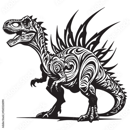 Stylized black and white dinosaur with tribal patterns and spiky dorsal fin on a white background