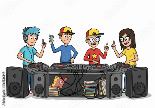Group of cartoon young people having a DJ party mixing music with turntables, speakers, and records.