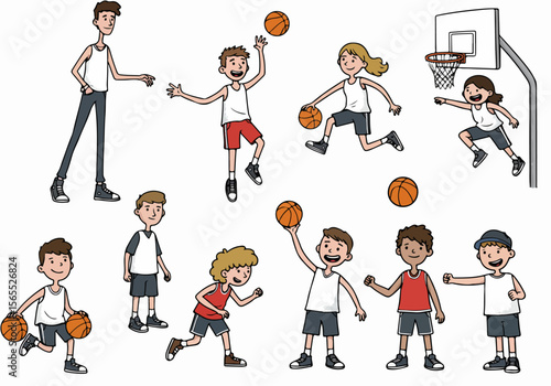 Cartoon illustration of diverse kids playing basketball, having fun, and exercising. A lively group of young athletes engaged in sport.