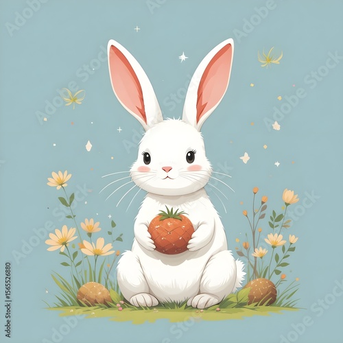 Rabbit illustration with white blue background.