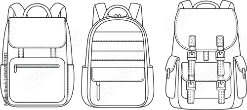 Backpack flat sketch, front view, technical bag drawing, cad design template, fashion accessory, travel backpack vector, zipper and strap