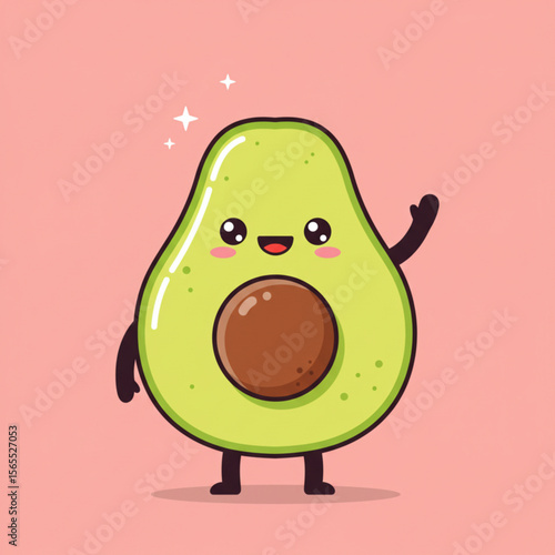 A cheerful cartoon avocado character waving with a happy expression against a pink background.
