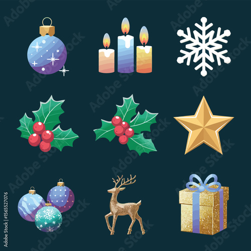 vector Happy New Year Celebrating 2025 in Latin letters , Christmas Decoration Items Santa Claus
