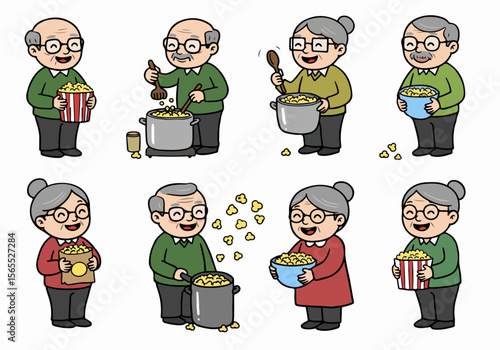 Cartoon set of elderly men and women making and enjoying popcorn, depicting happy senior citizens having fun with snacks and leisure activities.