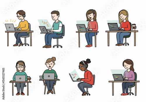 Diverse Group of People Working on Laptops Illustration