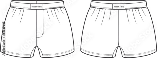 Men's boxer shorts front back view, flat sketch illustration, underwear fashion design, minimal vector cad drawing, essential innerwear template