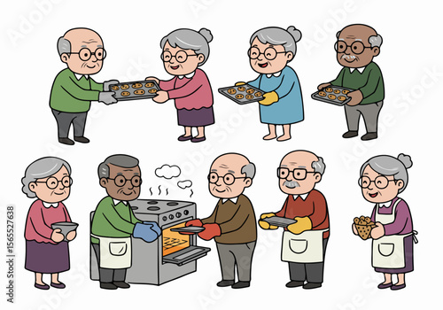 Cartoon illustration of diverse elderly people baking and sharing homemade cookies from the oven in the kitchen.