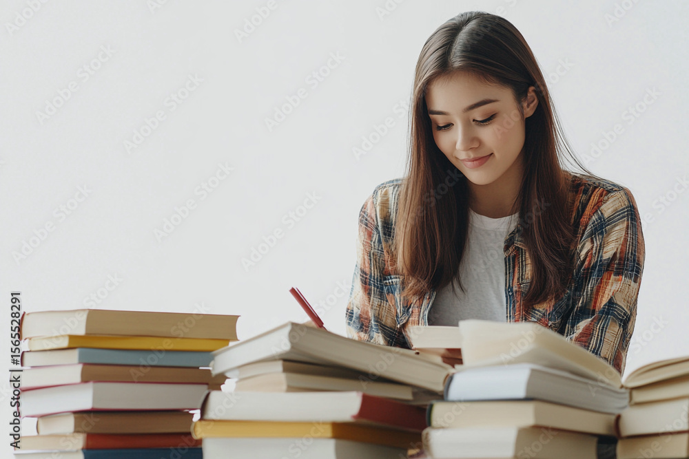 Confident young woman in casual outfit learns from book pile (white background) Confident young woman in casual outfit learns from book pile (white background)