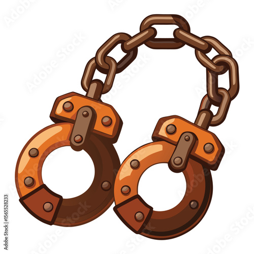 A set of old, rusty shackles lying open, symbolizing freedom, captivity, or ancient history.
