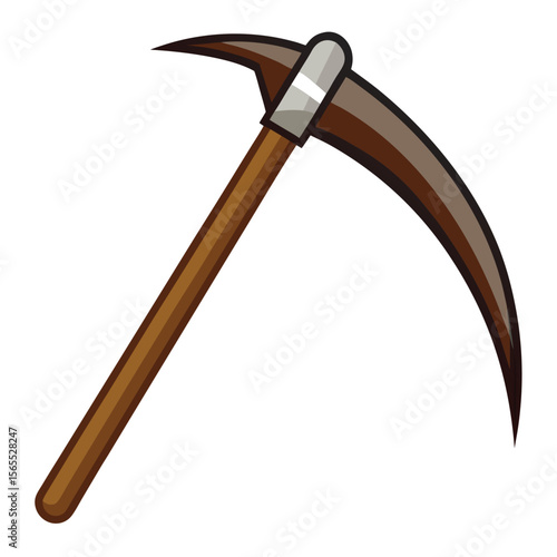 A scythe with a polished wooden handle and a sharp blade, symbolizing harvest, death, or folklore.