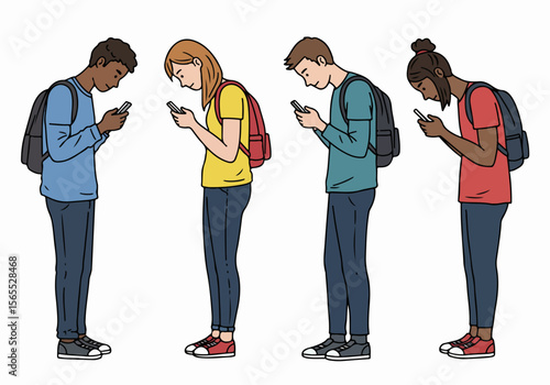 Young students standing and looking at mobile phones with backpacks, representing technology use and potential social isolation.