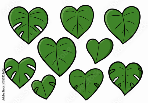 Heart-shaped green leaves illustration set, featuring both whole and monstera-style foliage, isolated on a white background for design purposes.