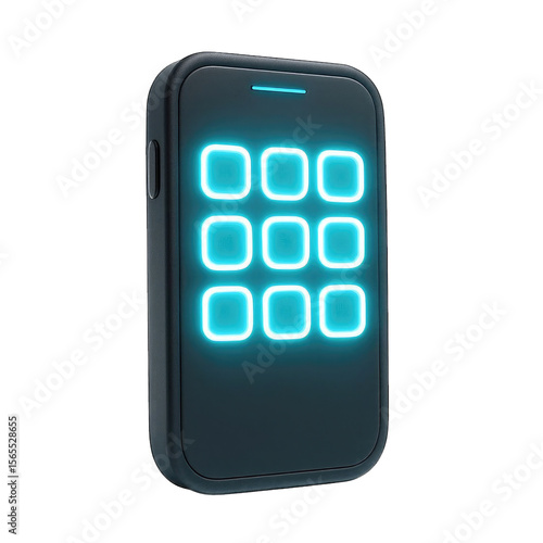 Modern smartphone with glowing cyan app icons and a subtle blue light on the top edge against a dark background