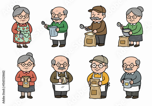 Cartoon illustrations of elderly people handling flour and grain bags, depicting cooking, baking, and food preparation activities.