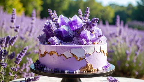 Purple Gemstone Cake with Floral Accents on a Flowery Field
