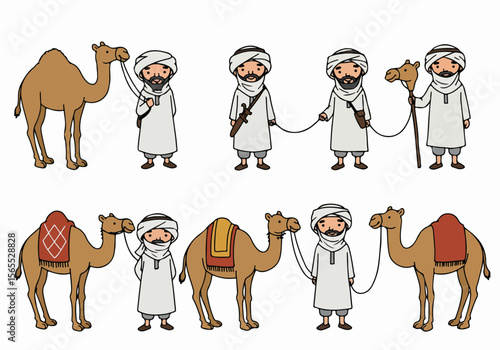 Cartoon illustration set of Arabian men and camels in traditional clothing, depicting desert travel and culture.