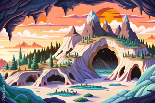 hollow mountain landscape featuring deep caverns and layered ecosystems cartoon vector an ideal fantasy adventure map for storytelling, world-building, or RPG game environment